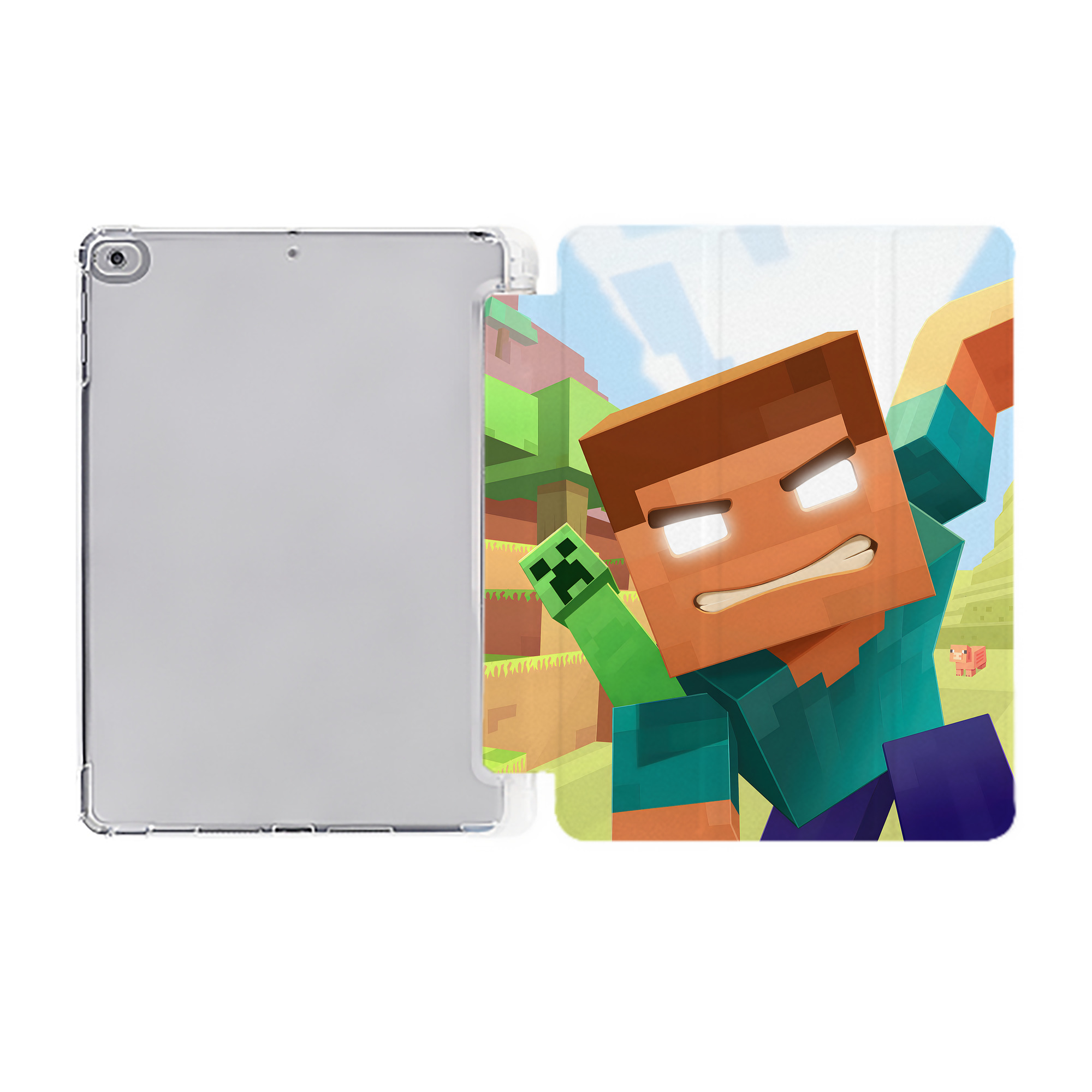（画像用） マインクラフト ブロックの世界 Minecraft MC Block world IPad ケース ペン収納付き 三つ折りスタンド PUレザー×シリコン 対応機種9.5/10.5/10.9インチ